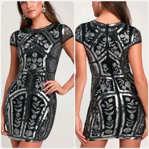 Lulu's Black Sequin Embroidered Bodycon Dress